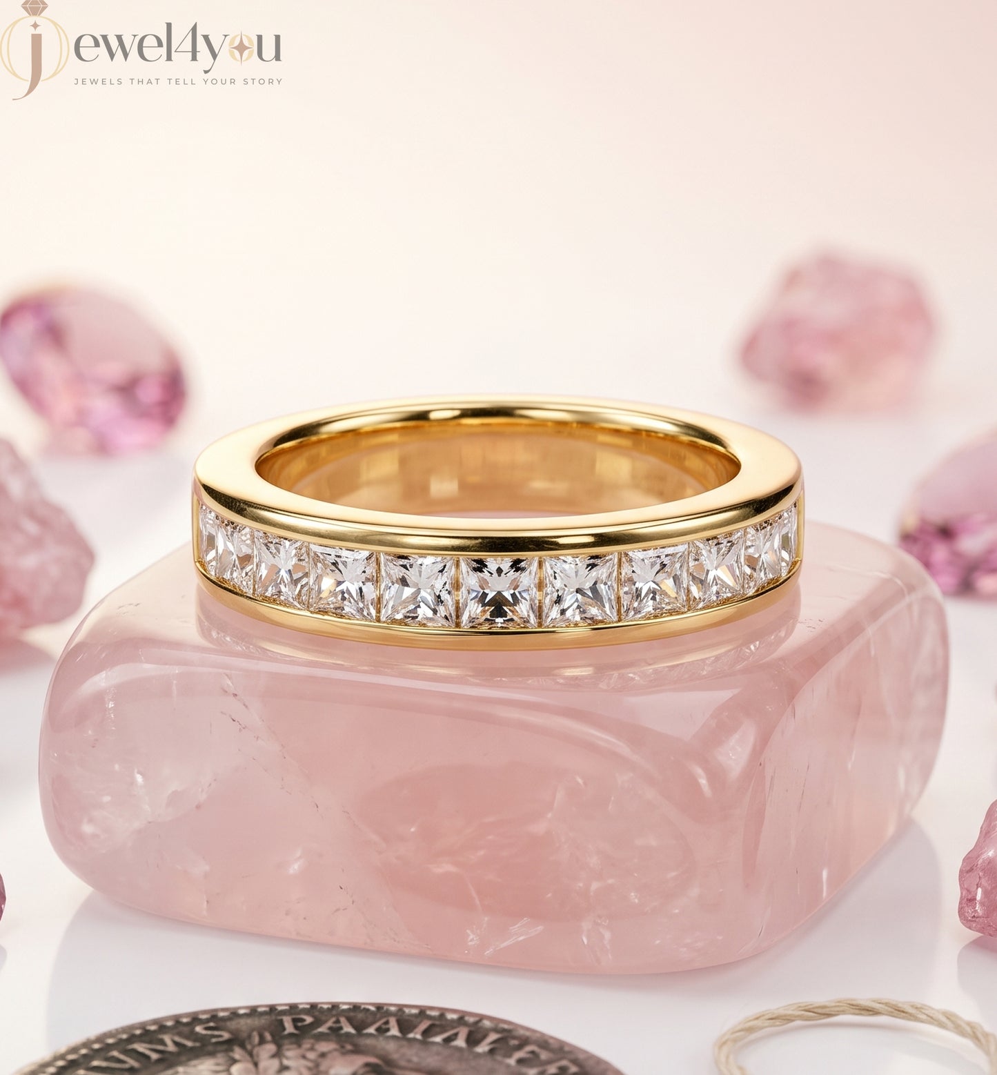 Yellow gold princess-cut lab-grown diamond half eternity band ring with sleek channel-style inset-flush setting and D–F color VVS to VS+ clarity diamonds #YELLOW GOLD