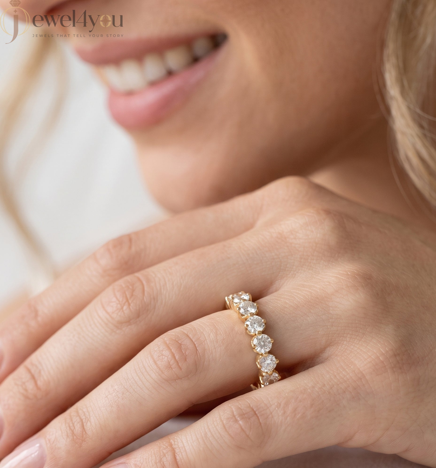 Yellow Gold half eternity lab-grown diamond ring with shared prong settings and D–F color VVS to VS+ clarity diamonds #YELLOW GOLD
