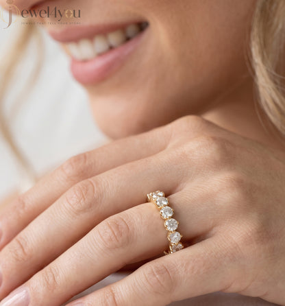 Yellow Gold half eternity lab-grown diamond ring with shared prong settings and D–F color VVS to VS+ clarity diamonds #YELLOW GOLD