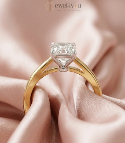Yellow gold cathedral solitaire ring with white head and emerald-cut stone in four-prong basket #YELLOW GOLD
