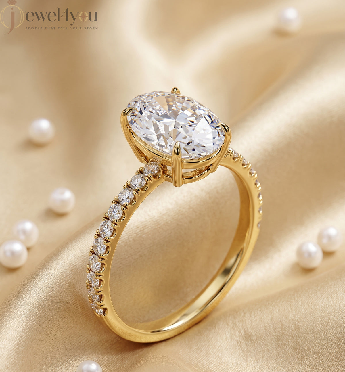 OVAL-CUT SOLITAIRE LAB-GROWN DIAMOND RING IN YELLOW GOLD WITH ROUND-CUT ##YELLOW GOLD