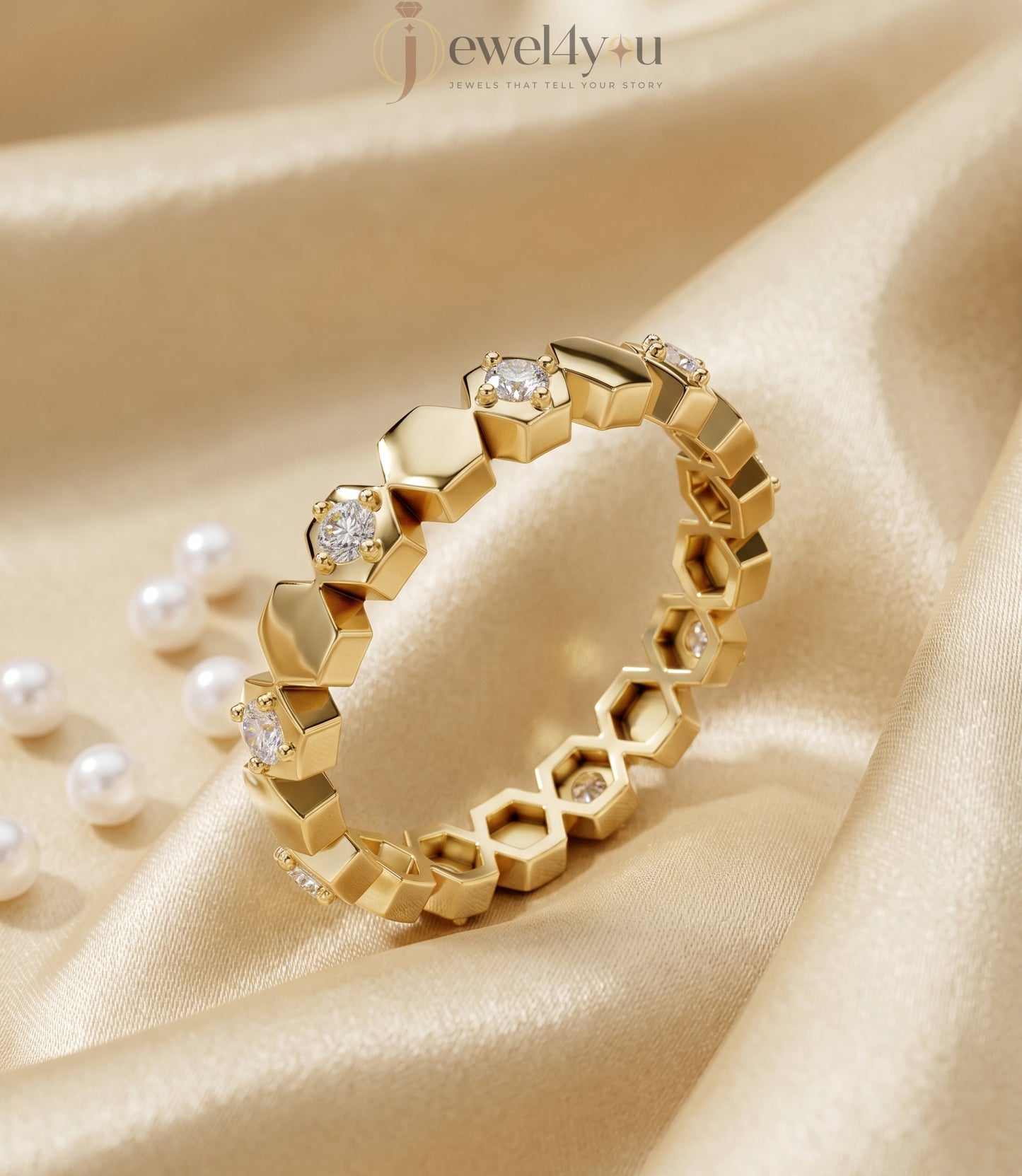 Yellow gold honeycomb lab-grown diamond ring with round prong-set D–F color VVS to VS+ clarity diamonds arranged in eternity design #YELLOW GOLD