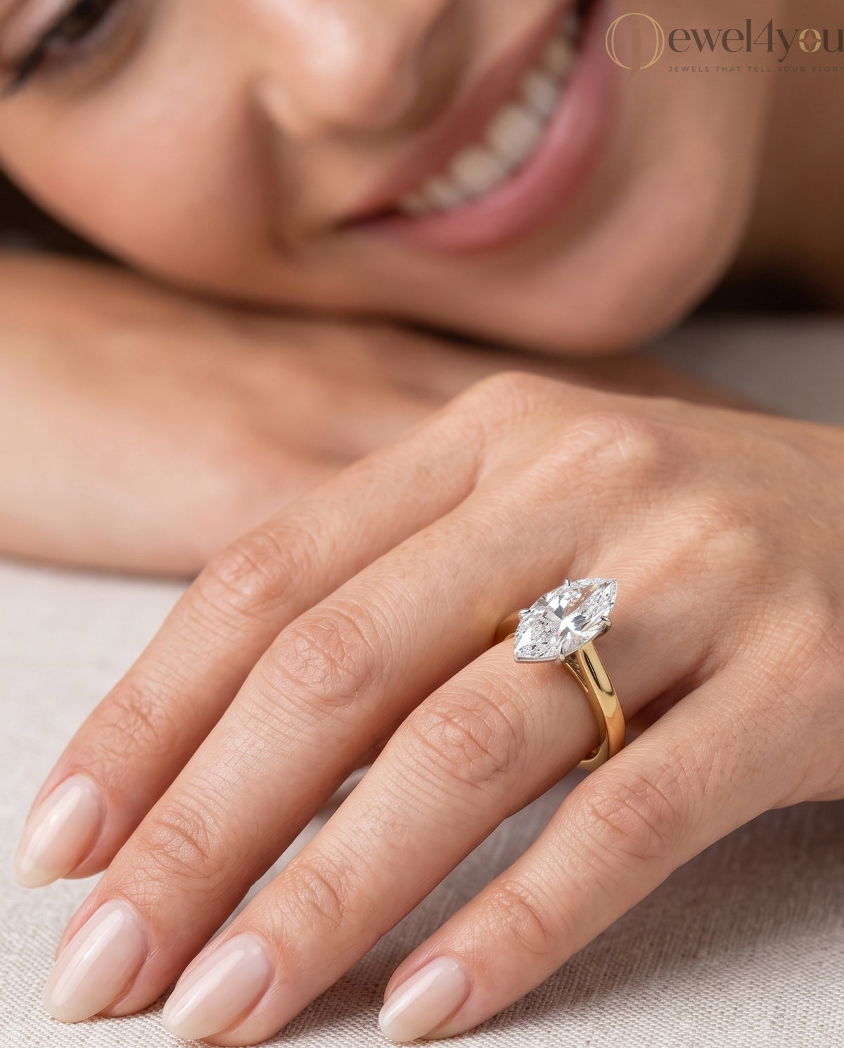 Marquise diamond cathedral solitaire engagement ring in yellow gold with white prongs #YELLOW GOLD