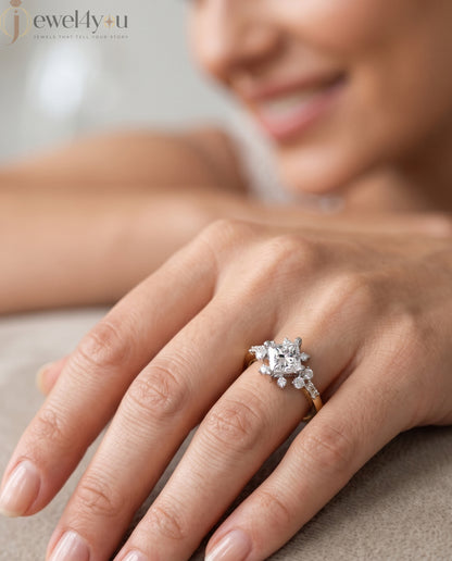 PRINCESS CUT LAB DIAMOND ENGAGEMENT RING WITH VINTAGE CLUSTER SETTING AND ACCENT DIAMONDS IN YELLOW GOLD 