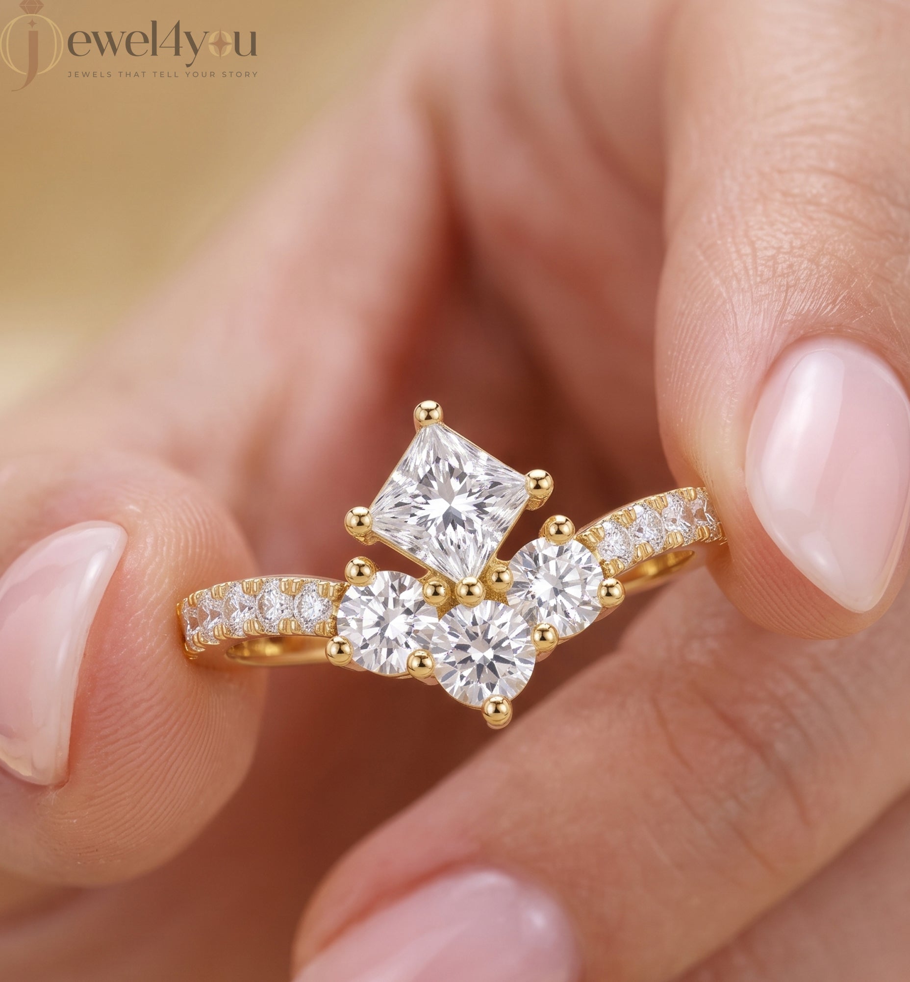 Lab-grown diamond ring with V-shaped cluster design, princess and round diamonds, VVS to VS+ clarity, D–F color, Yellow Gold #YELLOW GOLD