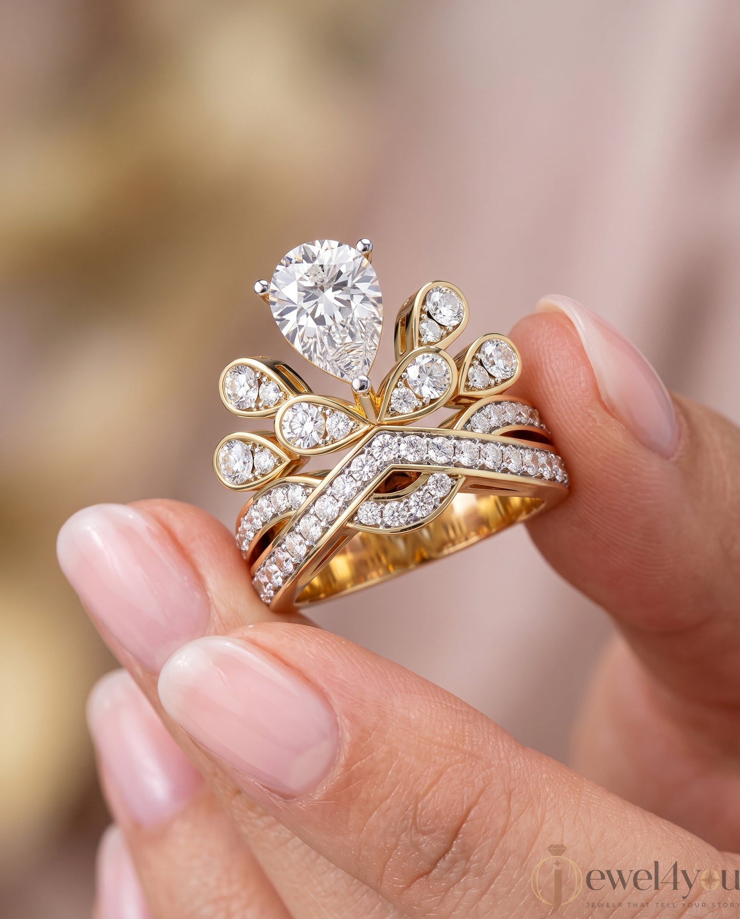 PEAR AND ROUND DIAMOND YELLOW GOLD RING ##YELLOW GOLD