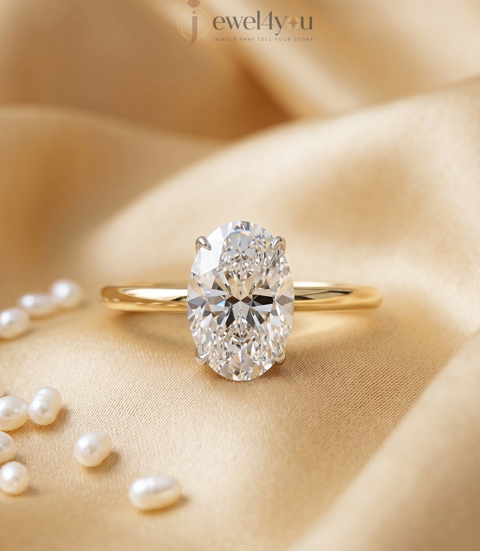 Yellow gold oval diamond engagement ring with white hidden crown setting #YELLOW GOLD