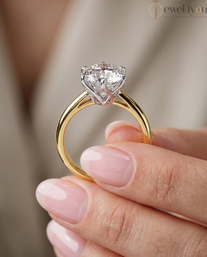 Yellow Gold band with white gold lotus crown holding a round lab-grown diamond solitaire and side gallery diamonds #YELLOW GOLD
