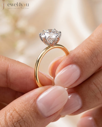 YELLOW GOLD SOLITAIRE RING WITH ROUND LAB-GROWN DIAMOND IN SIX-PRONG FLORAL CATHEDRAL SETTING 