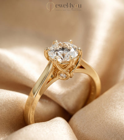 Yellow gold round solitaire engagement ring with six prongs and smooth plain shank #YELLOW GOLD