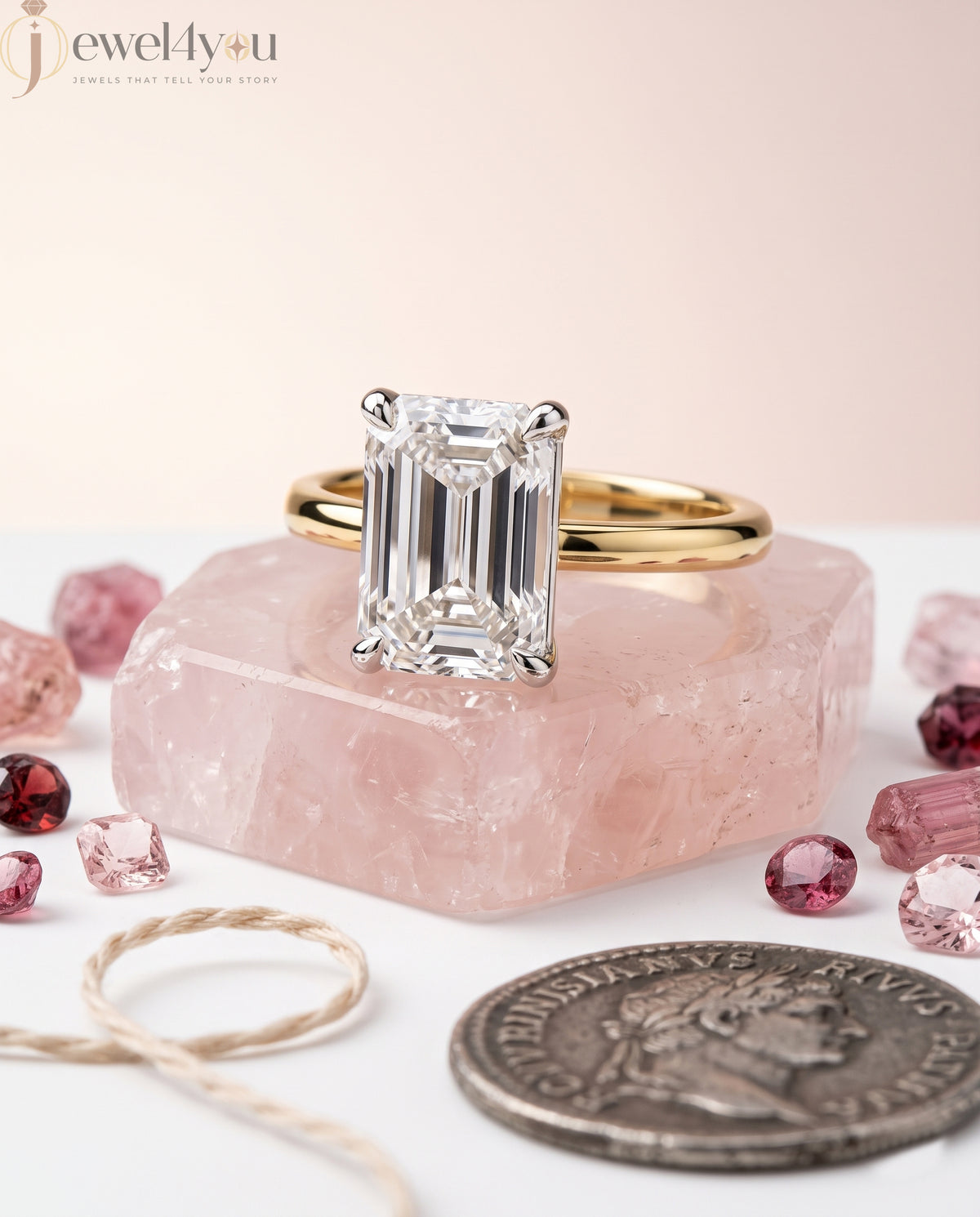 YELLOW GOLD EMERALD -CUT LAB-GROWN DIAMOND ENGAGEMENT RING ##YELLOW GOLD