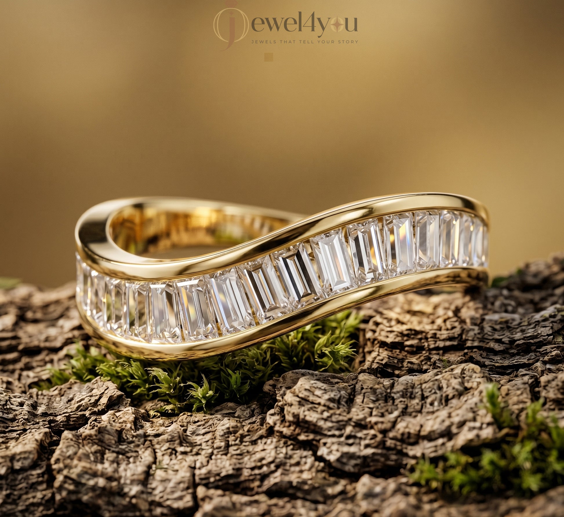 Yellow gold infinity wave lab-grown diamond band showcasing D–F VVS to VS+ baguette lab-grown diamonds in modern bypass design #YELLOW GOLD