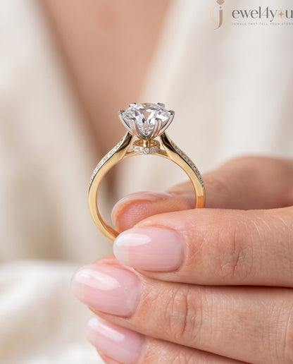 Yellow-gold pave shoulder engagement ring with round solitaire and hidden bridge diamonds #YELLOW GOLD