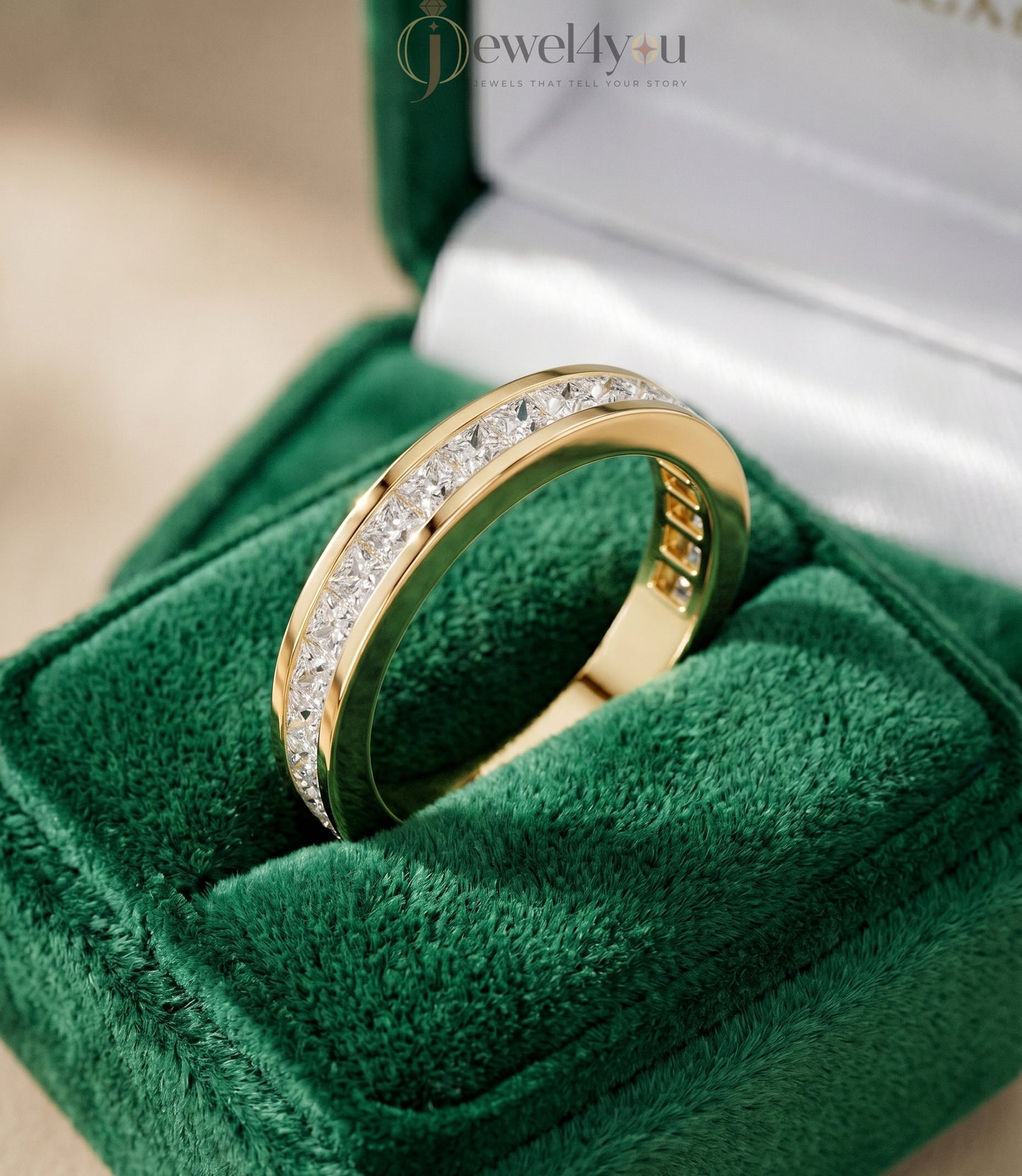 Yellow gold princess channel half eternity lab-grown diamond ring, D–F color VVS to VS+ clarity diamonds in sleek solid gold band #YELLOW GOLD