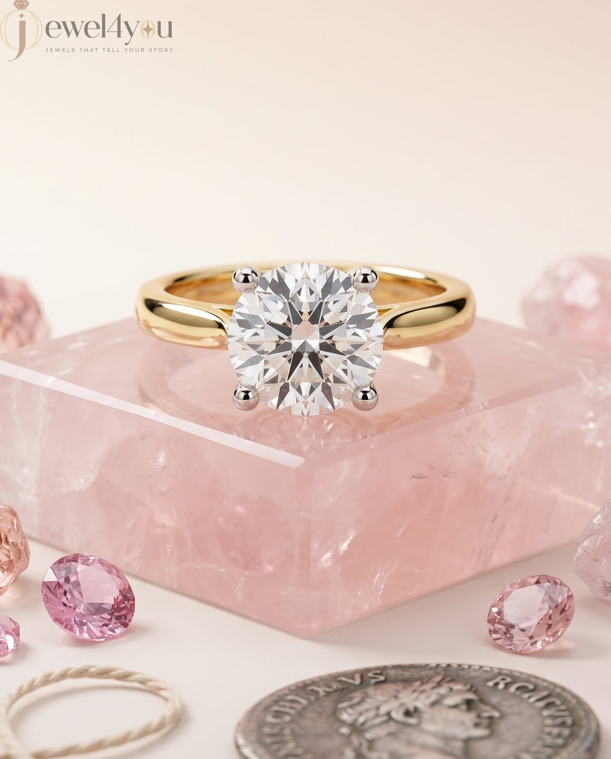 Yellow Gold cathedral band with white gold prong-set round lab-grown diamond #YELLOW GOLD