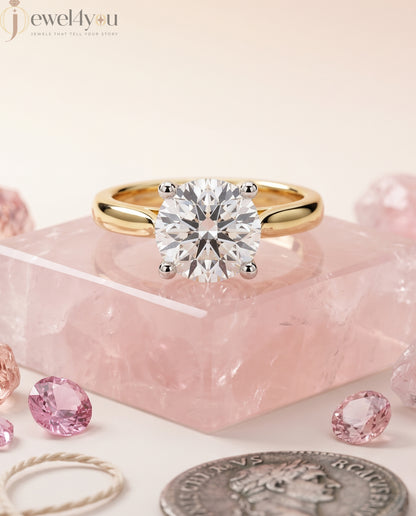 Yellow Gold cathedral band with white gold prong-set round lab-grown diamond #YELLOW GOLD