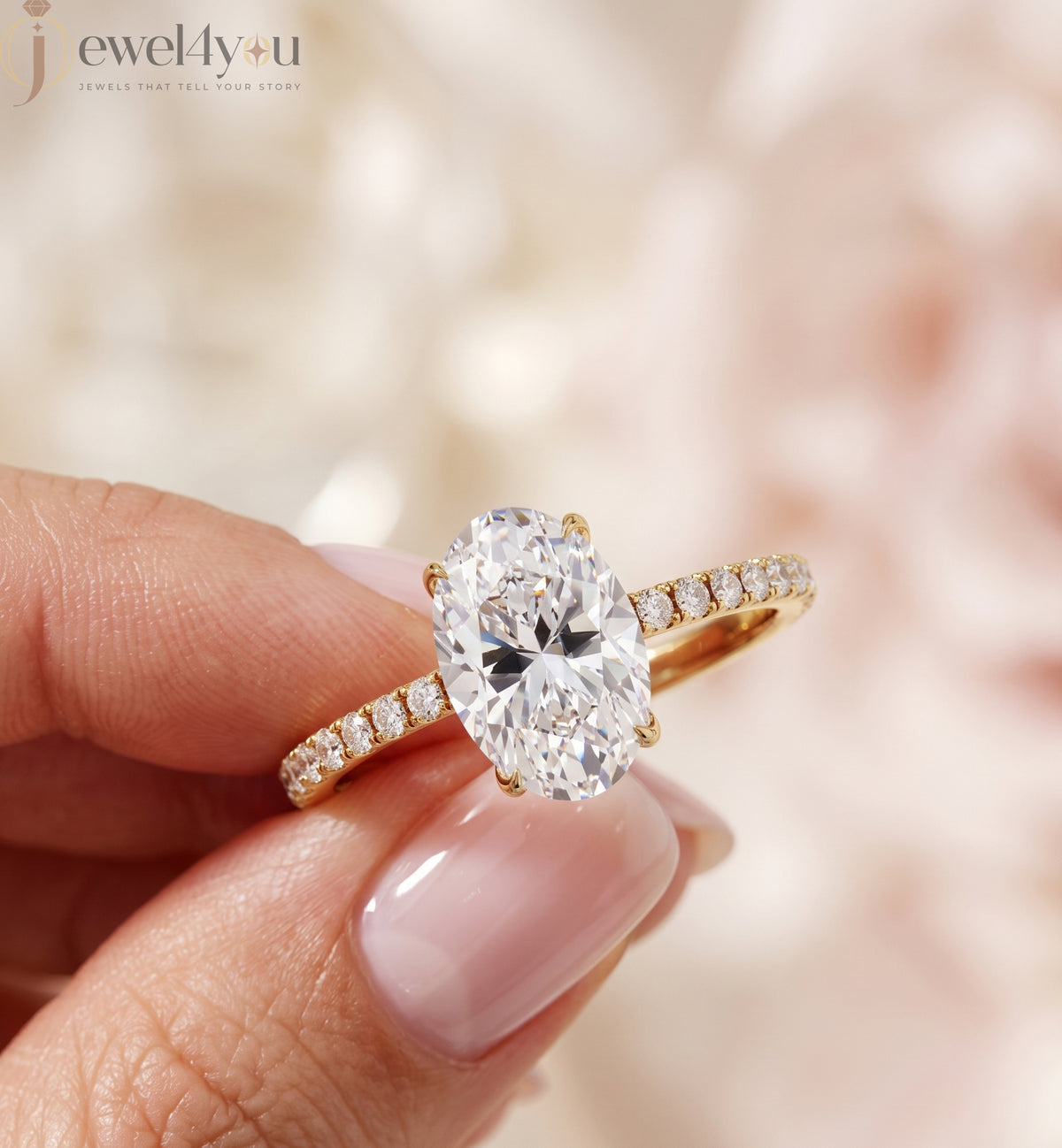 OVAL-CUT SOLITAIRE LAB-GROWN DIAMOND RING IN YELLOW GOLD WITH ROUND-CUT ##YELLOW GOLD
