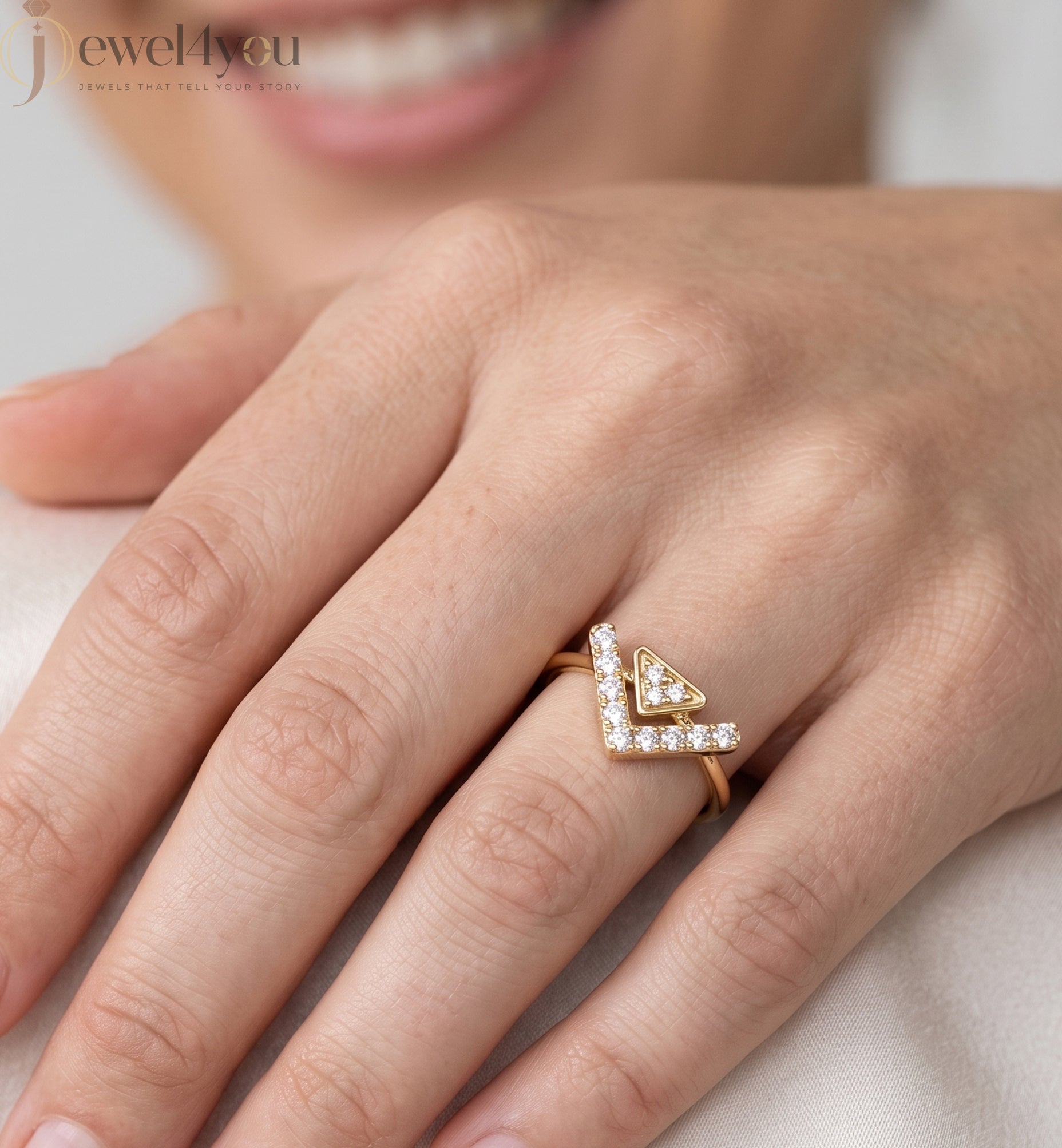 Lab-grown diamond ring with split-style chevron band and floating triangle design, round diamonds, VVS to VS+ clarity, D–F color, Yellow Gold #YELLOW GOLD