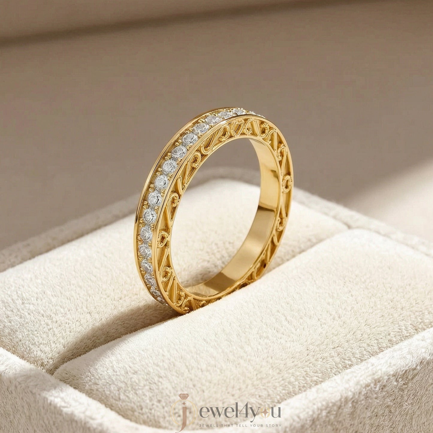 Yellow gold lab-grown diamond eternity band ring with intricate heart filigree and pavé set VVS to VS+ D–F diamonds #YELLOW GOLD