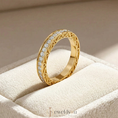 Yellow gold lab-grown diamond eternity band ring with intricate heart filigree and pavé set VVS to VS+ D–F diamonds #YELLOW GOLD