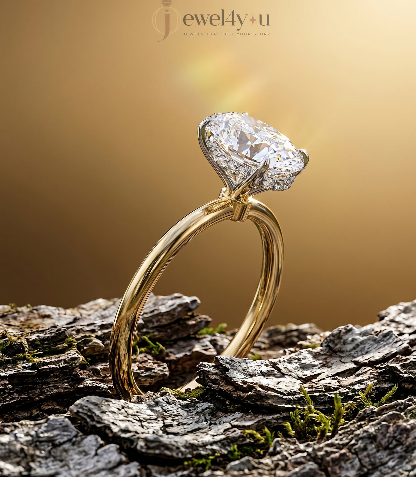 Yellow gold oval diamond engagement ring with white hidden crown setting #YELLOW GOLD