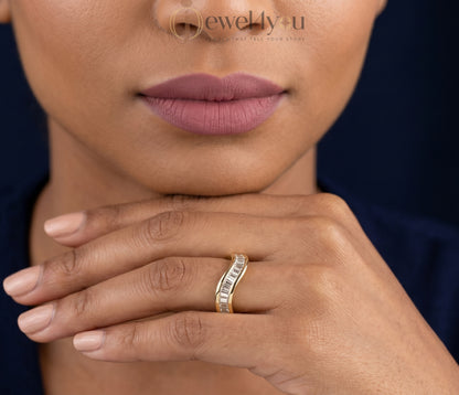 Yellow gold infinity wave lab-grown diamond band showcasing D–F VVS to VS+ baguette lab-grown diamonds in modern bypass design #YELLOW GOLD