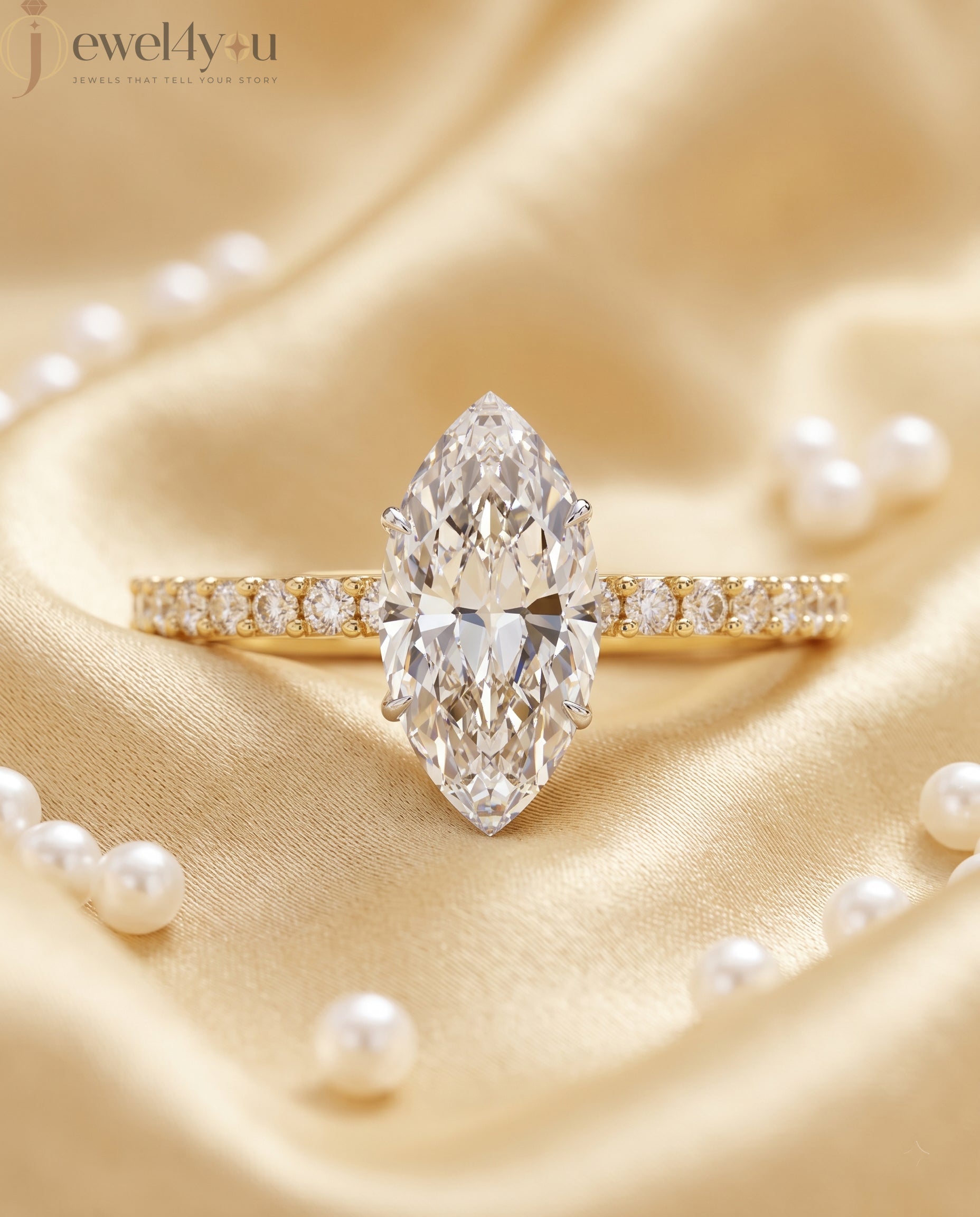 MARQUISE-CUT LAB-GROWN DIAMOND RING WITH ROUND-ACCENT BAND IN YELLOW GOLD 