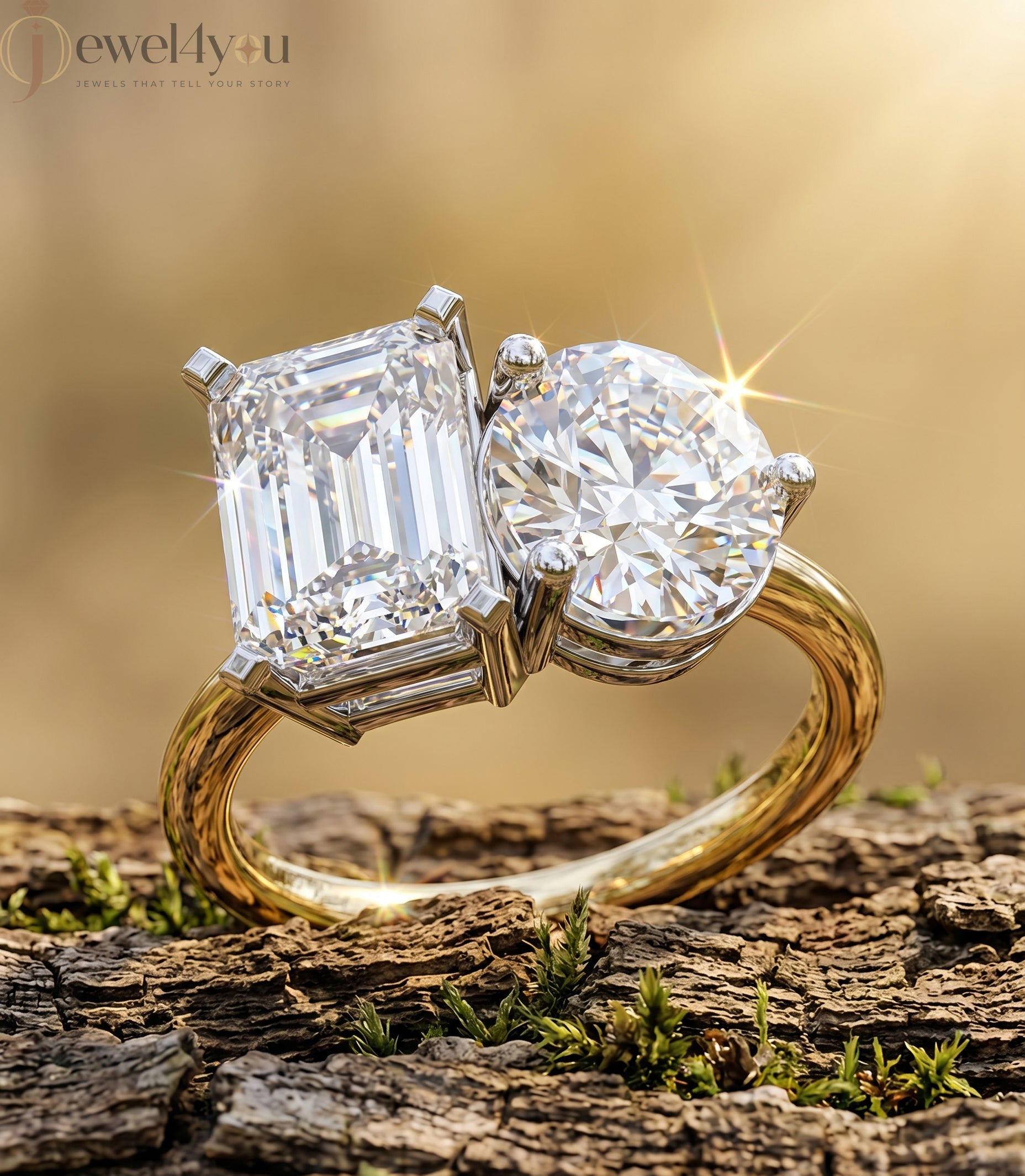 DUAL LAB-GROWN DIAMOND RING WITH RADIANT AND ROUND CUTS IN YELLOW GOLD BAR SETTING 
