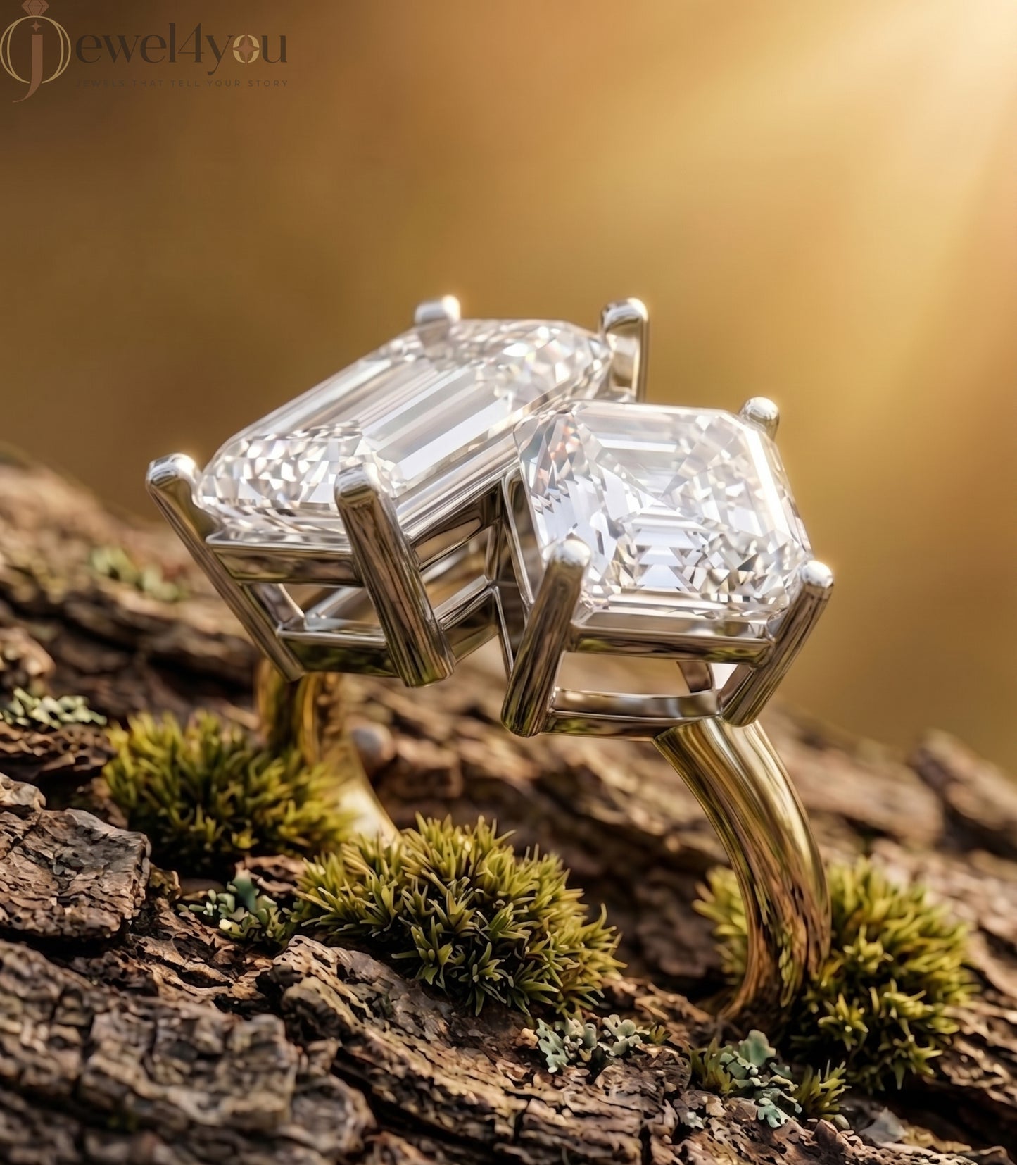 DUAL LAB-GROWN DIAMOND RING WITH RADIANT AND EMERALD CUTS IN YELLOW GOLD BAR SETTING ##YELLOW GOLD