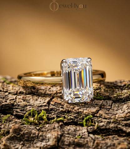 Yellow gold cathedral solitaire ring with white head and emerald-cut stone in four-prong basket #YELLOW GOLD
