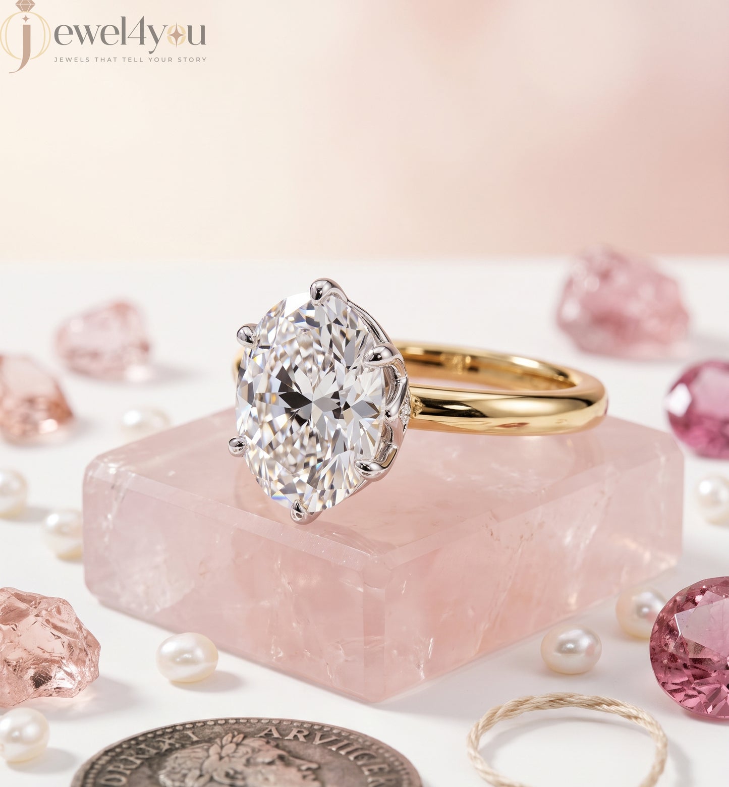 Yellow Gold lab-grown diamond ring with White Gold prong setting, showcasing brilliant oval center stone #YELLOW GOLD