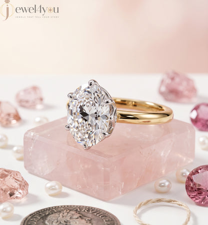 Yellow Gold lab-grown diamond ring with White Gold prong setting, showcasing brilliant oval center stone #YELLOW GOLD