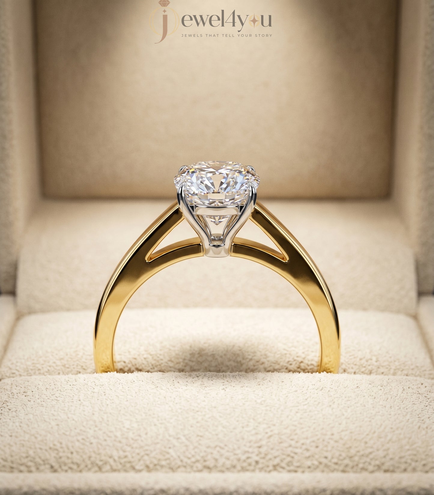 Yellow gold cushion diamond solitaire ring with white gold cathedral basket setting #YELLOW GOLD