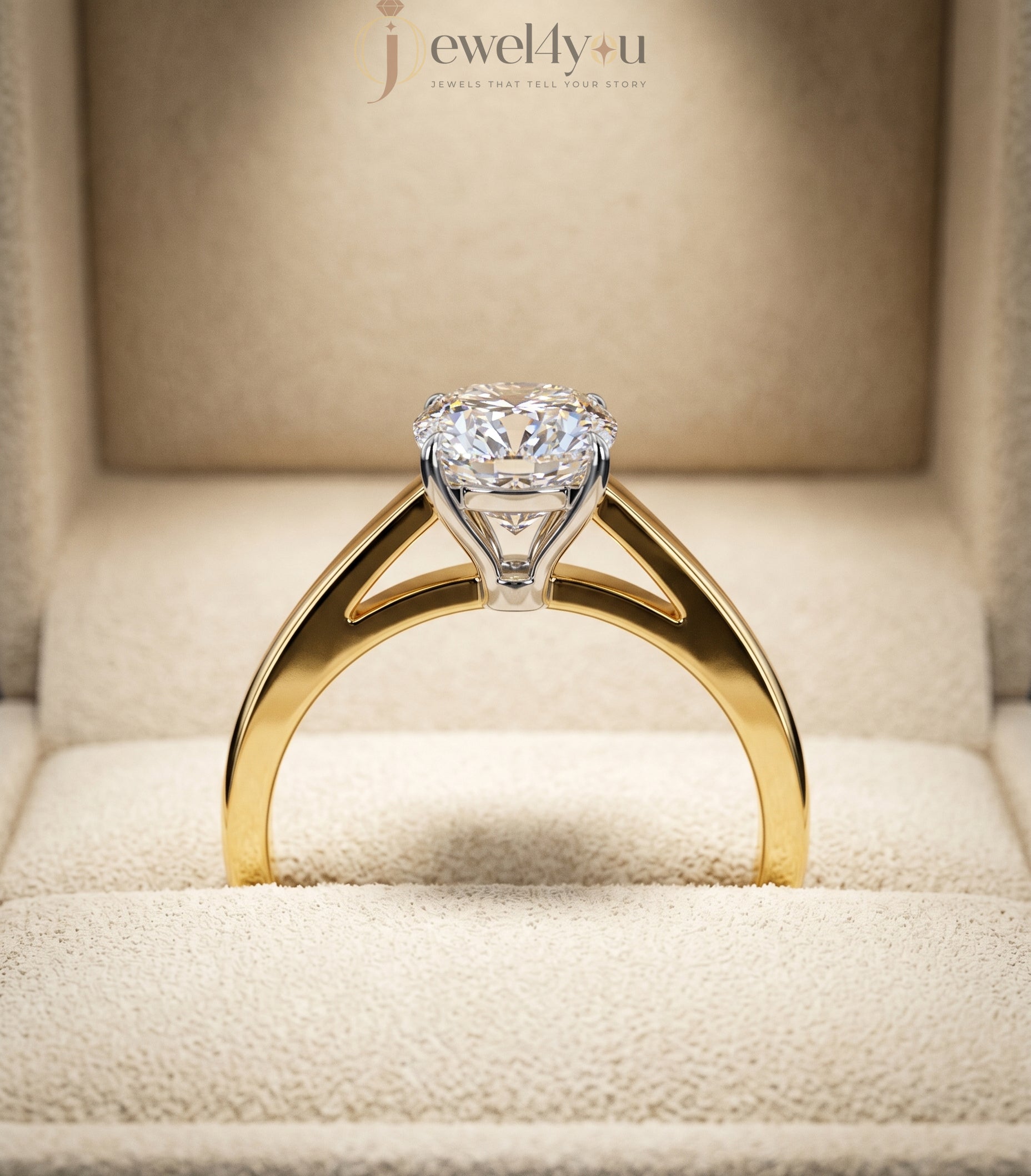 Yellow gold cushion diamond solitaire ring with white gold cathedral basket setting #YELLOW GOLD