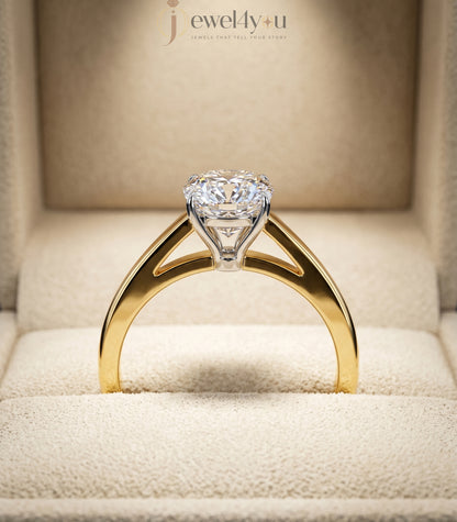 Yellow gold cushion diamond solitaire ring with white gold cathedral basket setting #YELLOW GOLD