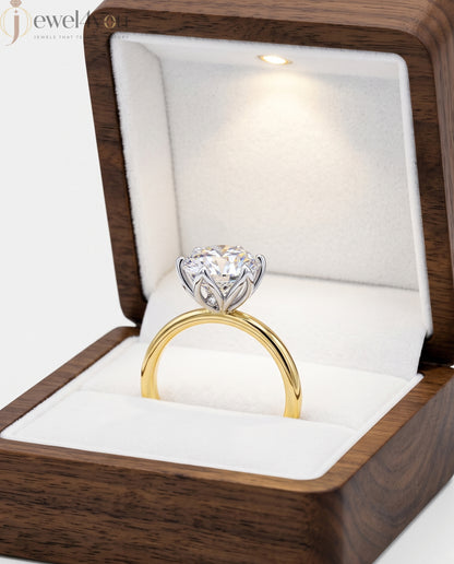 YELLOW GOLD SOLITAIRE RING WITH ROUND LAB-GROWN DIAMOND IN SIX-PRONG FLORAL CATHEDRAL SETTING 