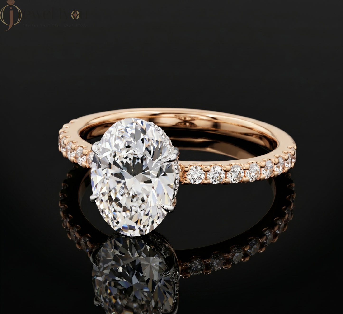 OVAL-CUT LAB-GROWN DIAMOND RING WITH ROUND-ACCENT BAND IN ROSE GOLD ##ROSE GOLD