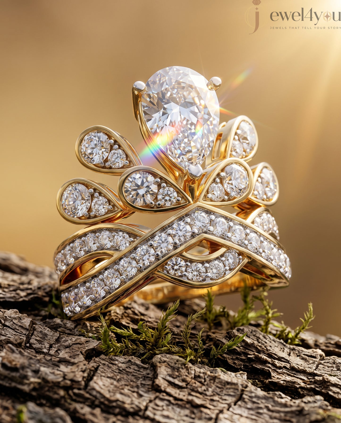 PEAR AND ROUND DIAMOND YELLOW GOLD RING ##YELLOW GOLD