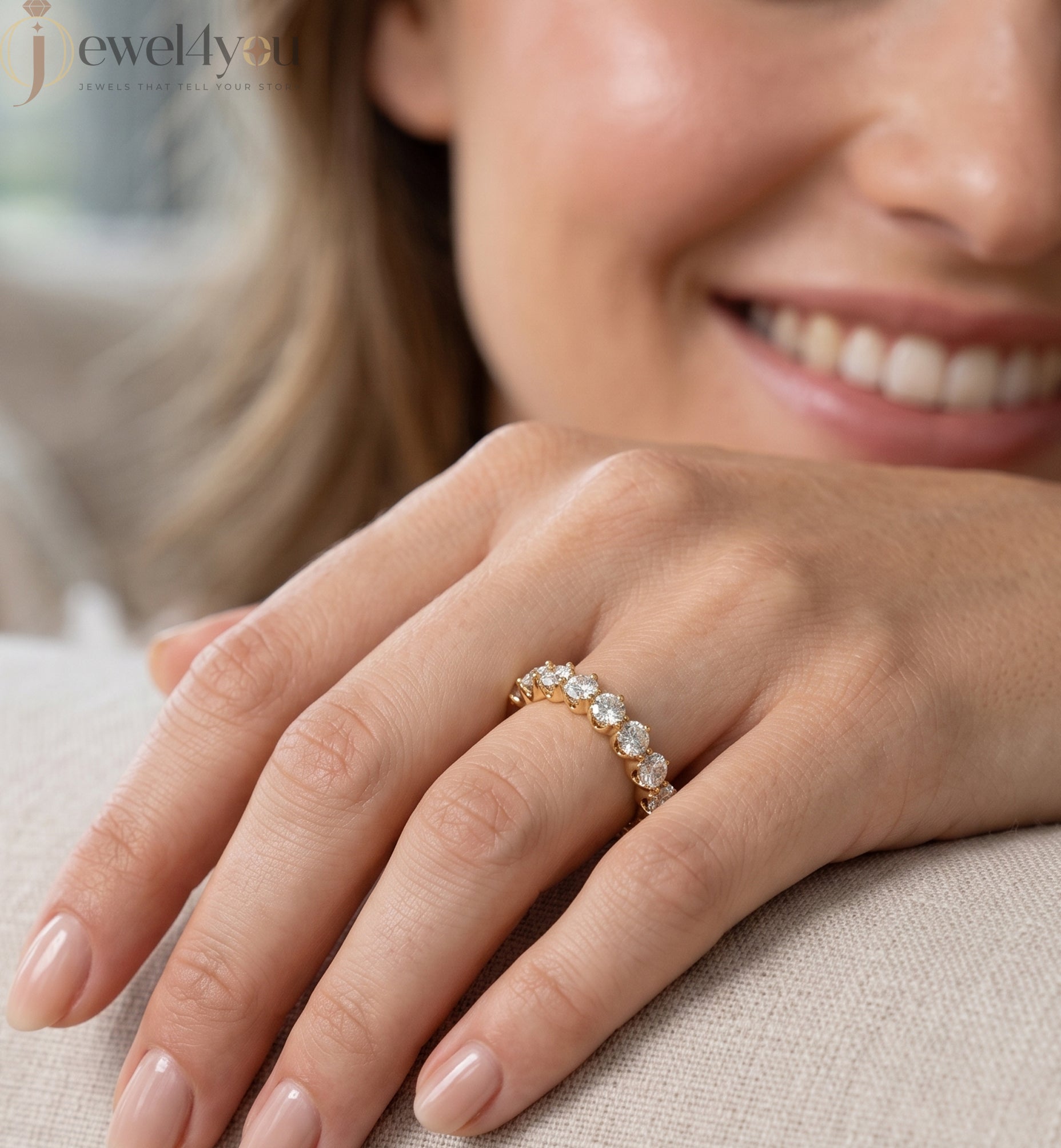 Yellow Gold half eternity lab-grown diamond ring with shared prong settings and D–F color VVS to VS+ clarity diamonds #YELLOW GOLD