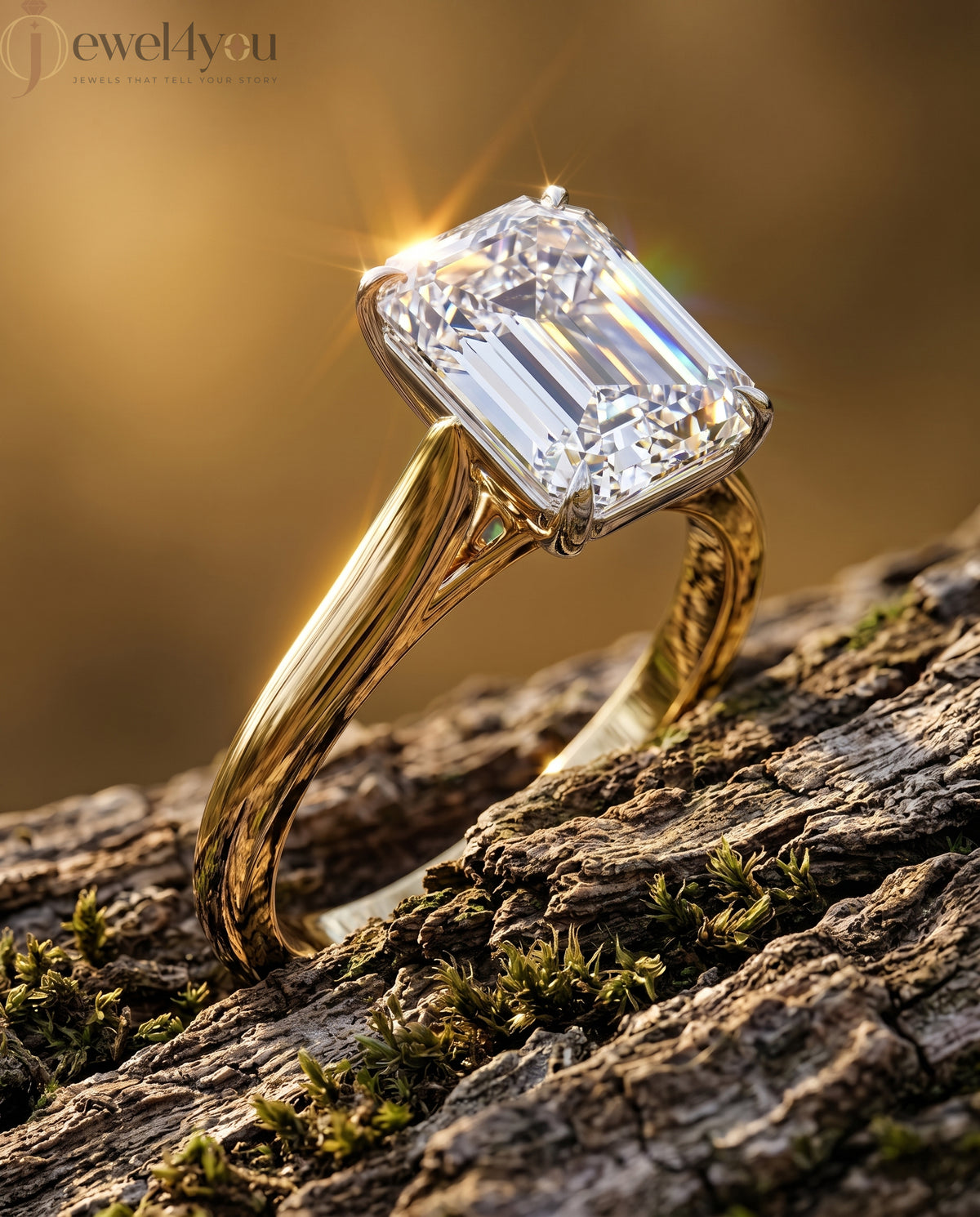 YELLOW GOLD EMERALD -CUT LAB-GROWN DIAMOND ENGAGEMENT RING ##YELLOW GOLD