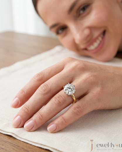 Yellow Gold band with white gold lotus crown holding a round lab-grown diamond solitaire and side gallery diamonds #YELLOW GOLD