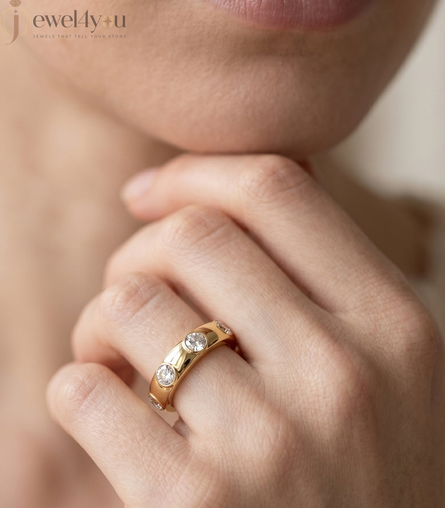 Yellow gold bezel lab-grown diamond ring band showcasing evenly spaced round D–F color VVS to VS+ clarity diamonds #YELLOW GOLD