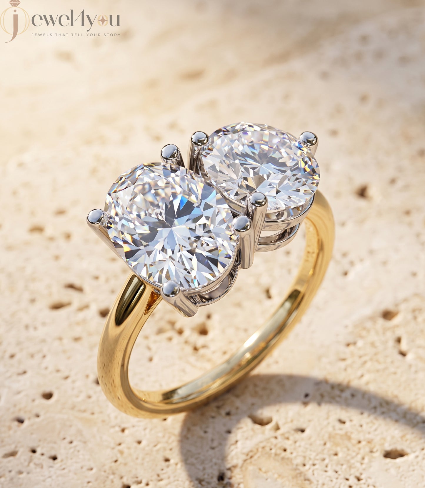 YELLOW GOLD DUAL DIAMOND ENGAGEMENT RING WITH ROUND AND OVAL CUT DIAMONDS ##YELLOW GOLD