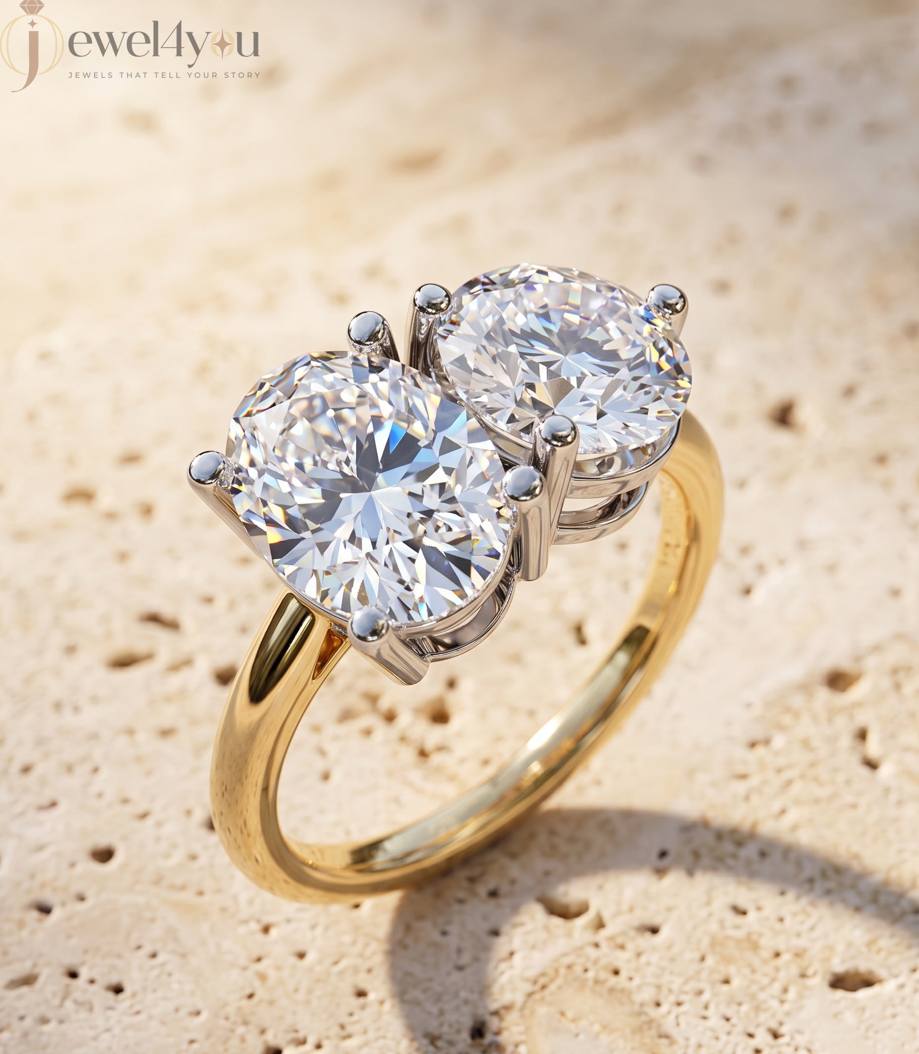 YELLOW GOLD DUAL DIAMOND ENGAGEMENT RING WITH ROUND AND OVAL CUT DIAMONDS 