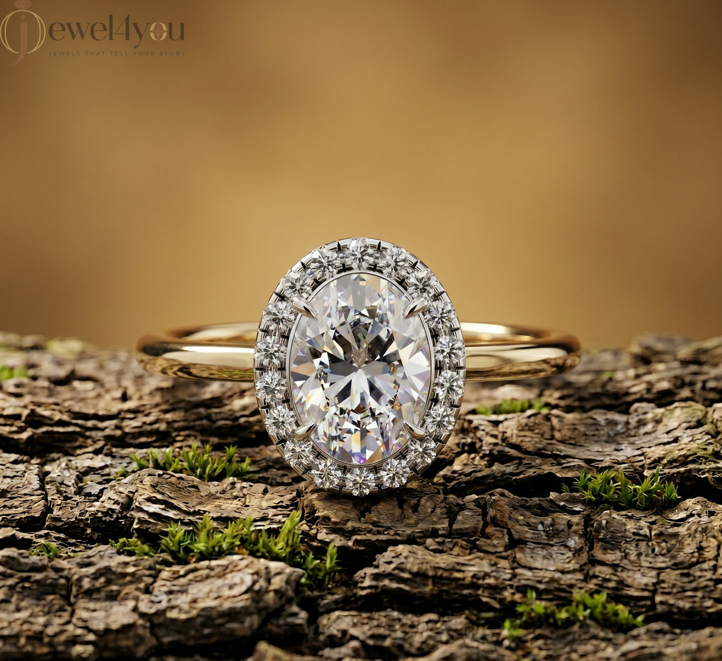 YELLOW GOLD WITH OVAL CENTER AND ROUND HALO ##YELLOW GOLD