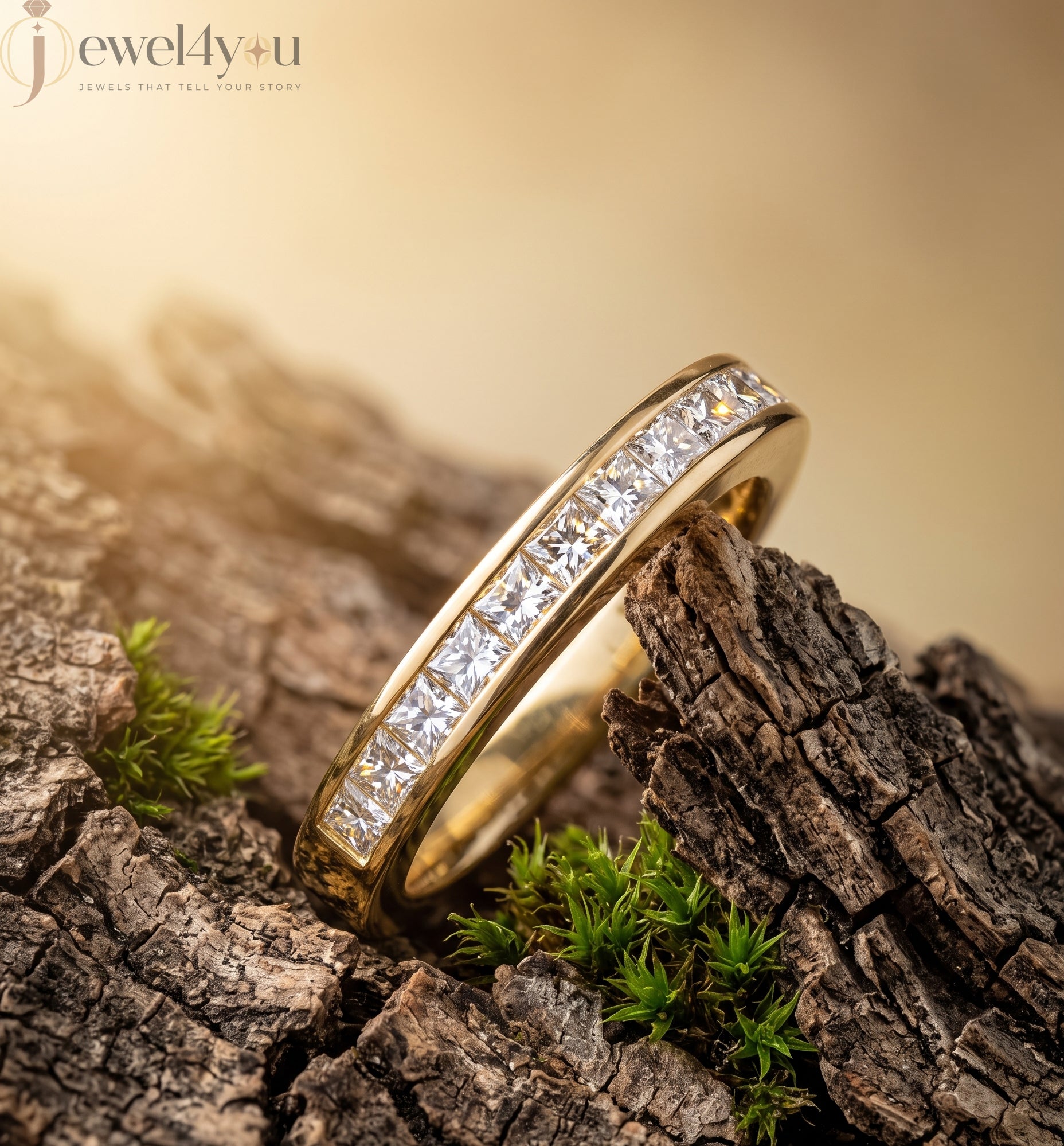 Yellow gold princess-cut lab-grown diamond half eternity band ring with sleek channel-style inset-flush setting and D–F color VVS to VS+ clarity diamonds #YELLOW GOLD