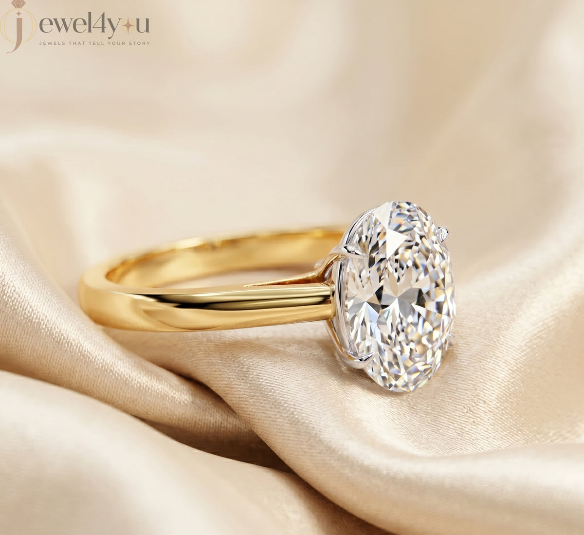 Yellow gold oval diamond solitaire engagement ring with white-gold prong setting #YELLOW GOLD