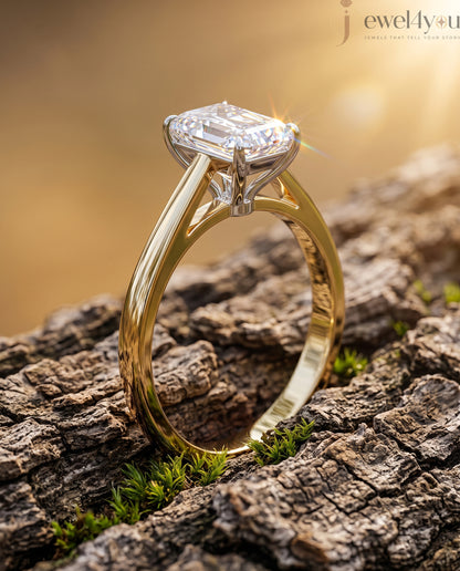 Radiant-cut solitaire ring in yellow gold showing cathedral shoulders and prong setting #YELLOW GOLD