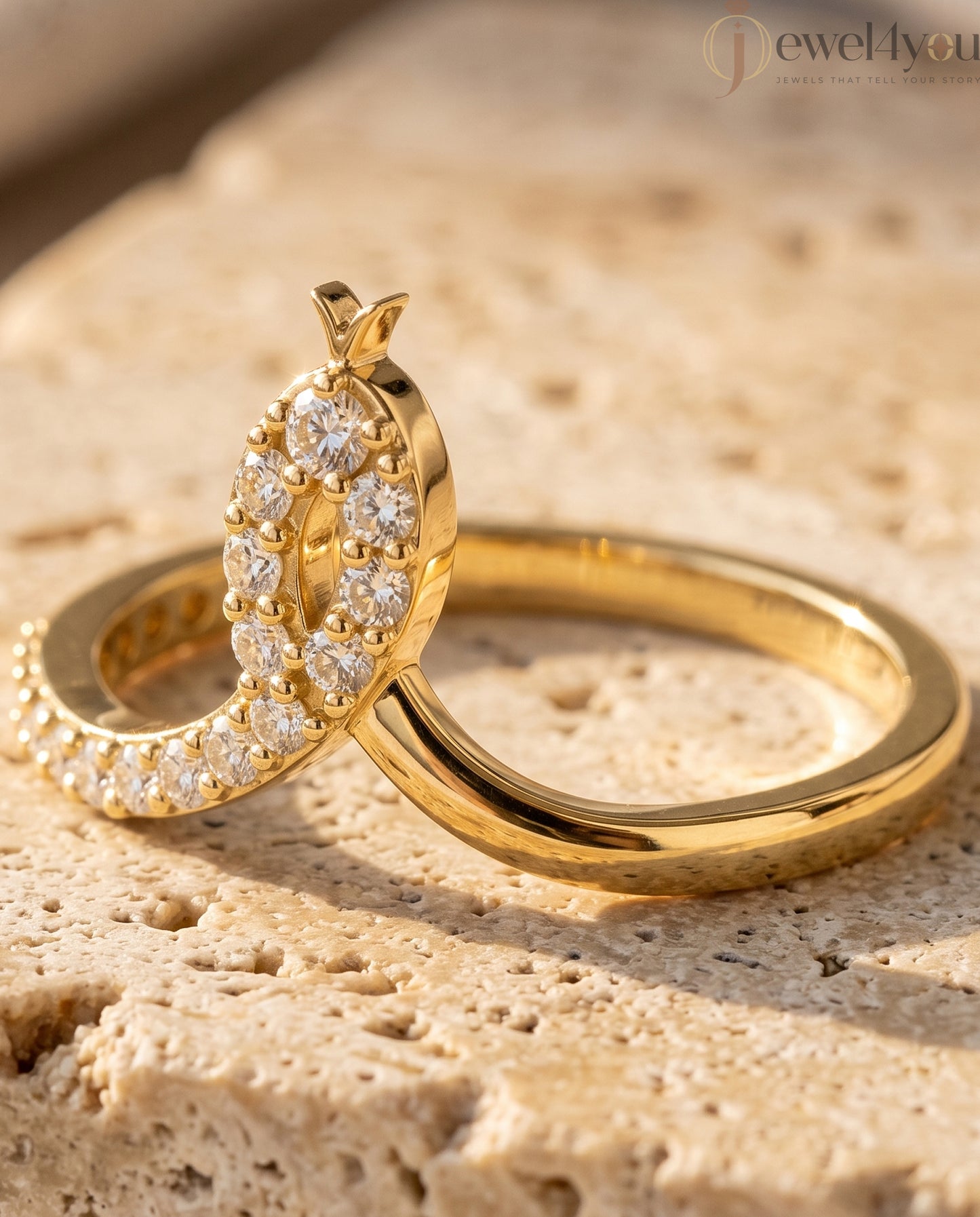Lab-grown diamond ring front view with open elongated bypass silhouette and round diamonds, VVS to VS+ clarity, D–F color, Yellow Gold prong setting ##YELLOW GOLD