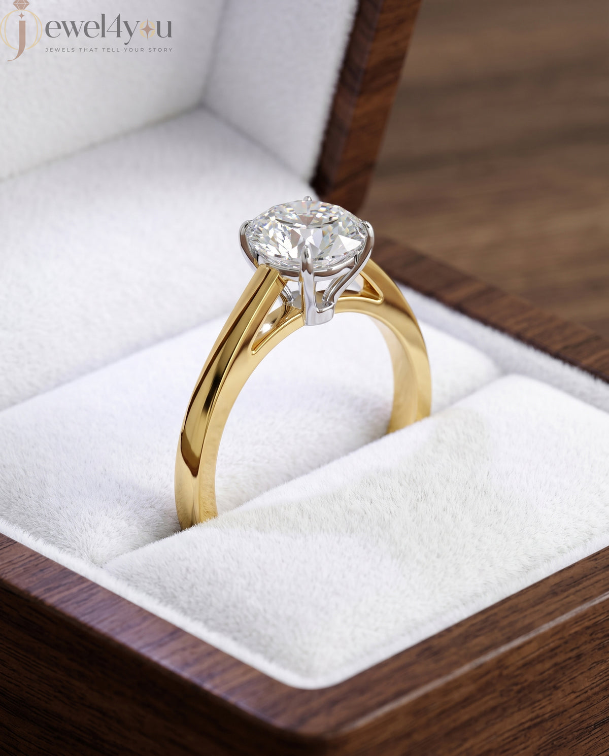 Yellow gold solitaire engagement ring with white gold four-prong diamond basket #YELLOW GOLD